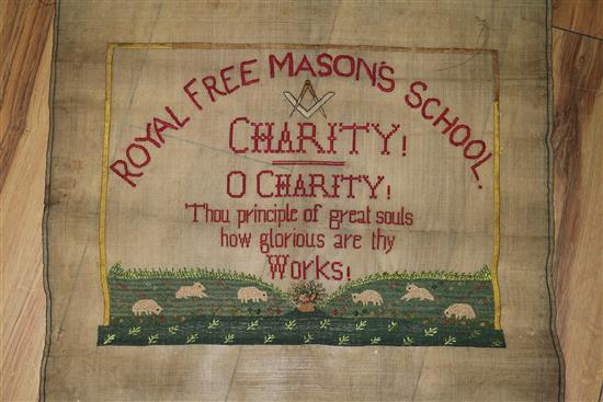 Three 19th century embroidered linen samplers relating to the Royal Freemasons School for Female Children (unframed)